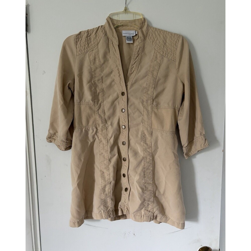 Soft Surroundings 23481 Tan Tencel Snap Button Long Tunic Jacket Topper Sz PM